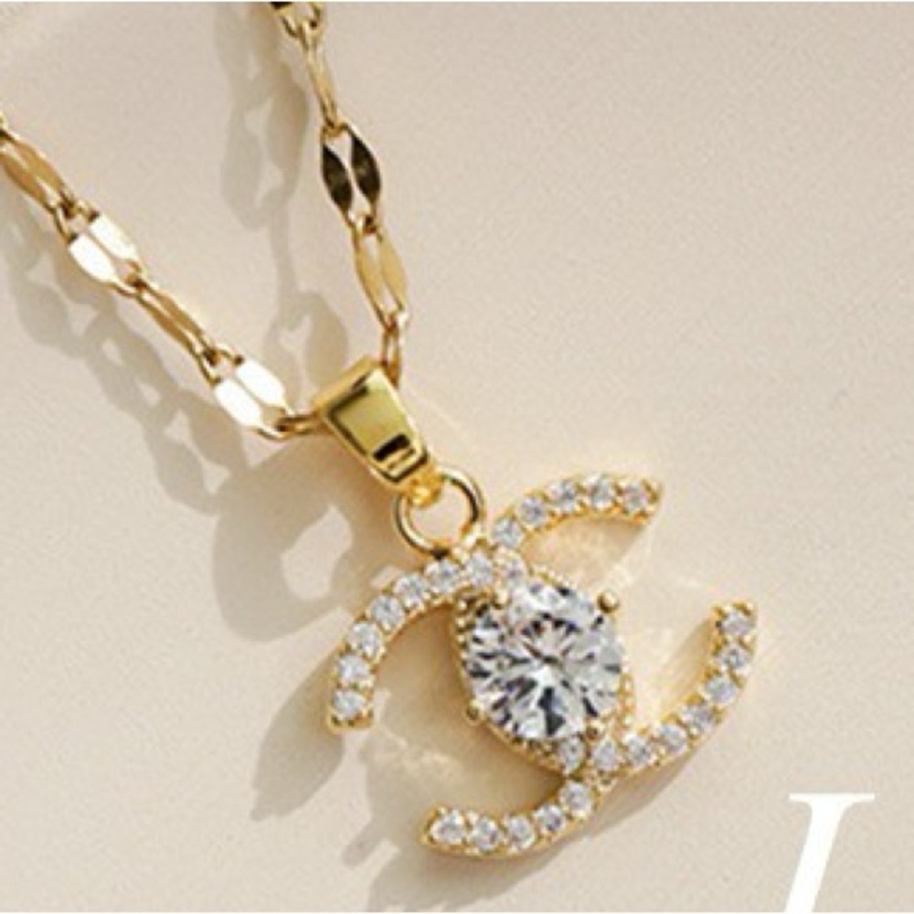 18K Gold Letter C Monogram Center Diamond Pendant Necklace Geometrical Design - Picture 8 of 9
